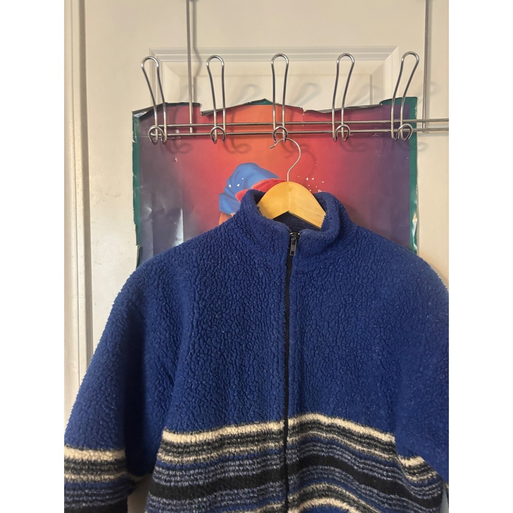 Class Club Vintage Blue Sherpa Fleece Full Zip Jacket Striped Boys L 14-16 - Picture 4 of 6